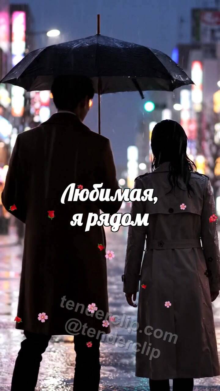 Анимационная открытка на тему Любимая, я рядом: мужчина закрывает женщину от дождя