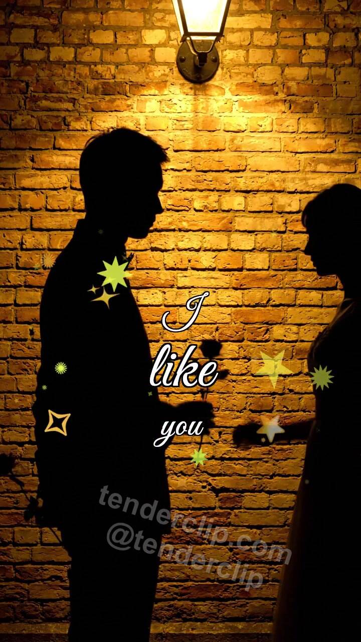 Animated greeting card about I like you: a man shadow gives a flower to a woman