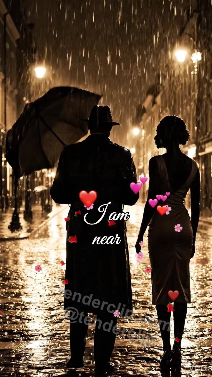 Animated greeting card about I am near: man shields a woman from rain