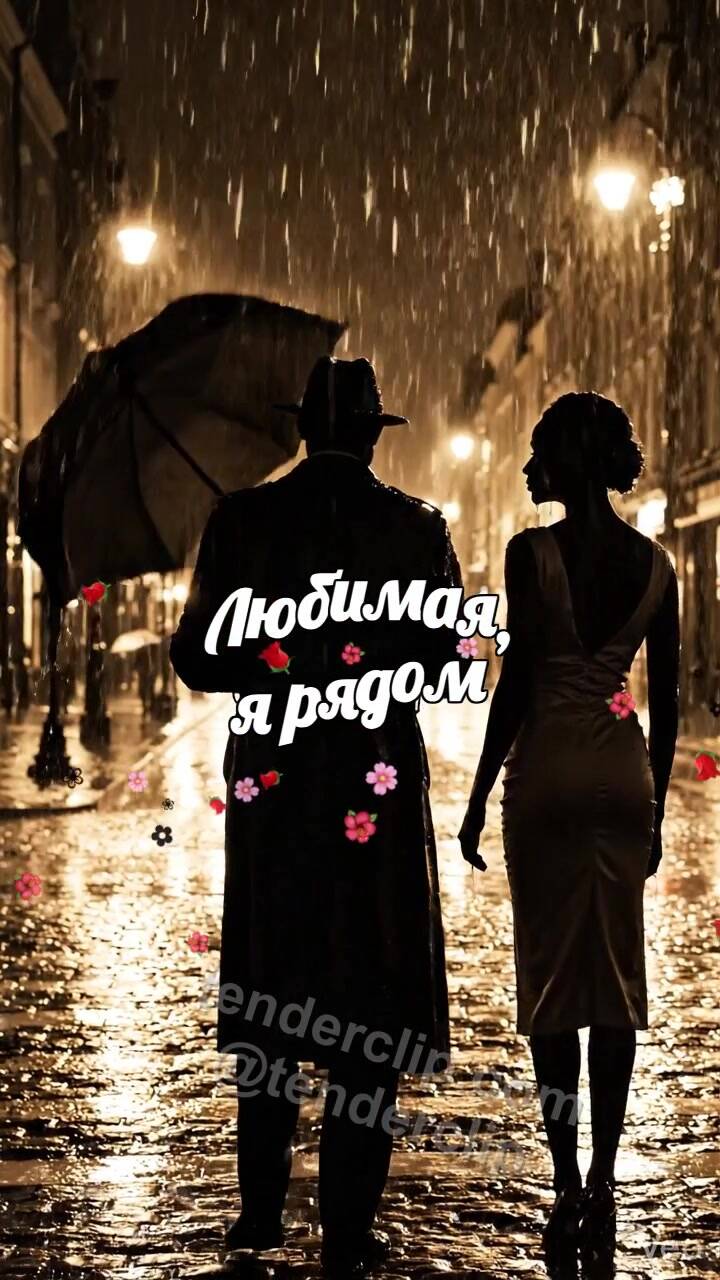 Анимационная открытка на тему Любимая, я рядом: мужчина закрывает женщину от дождя