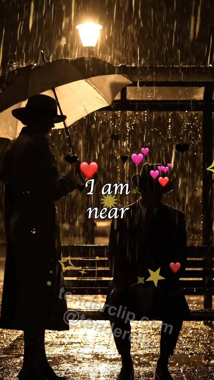 Animated greeting card about I am near: woman shields a man from rain