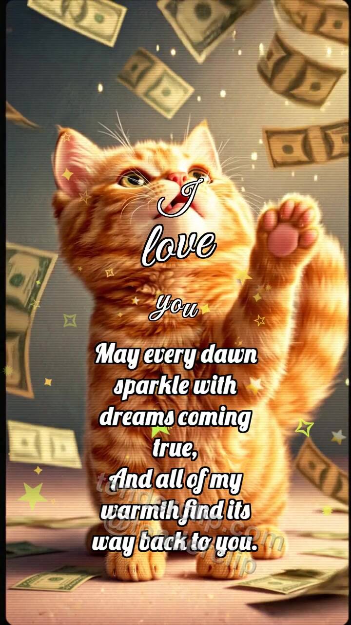Animated greeting card about I love you: Kitten Under Money Rain