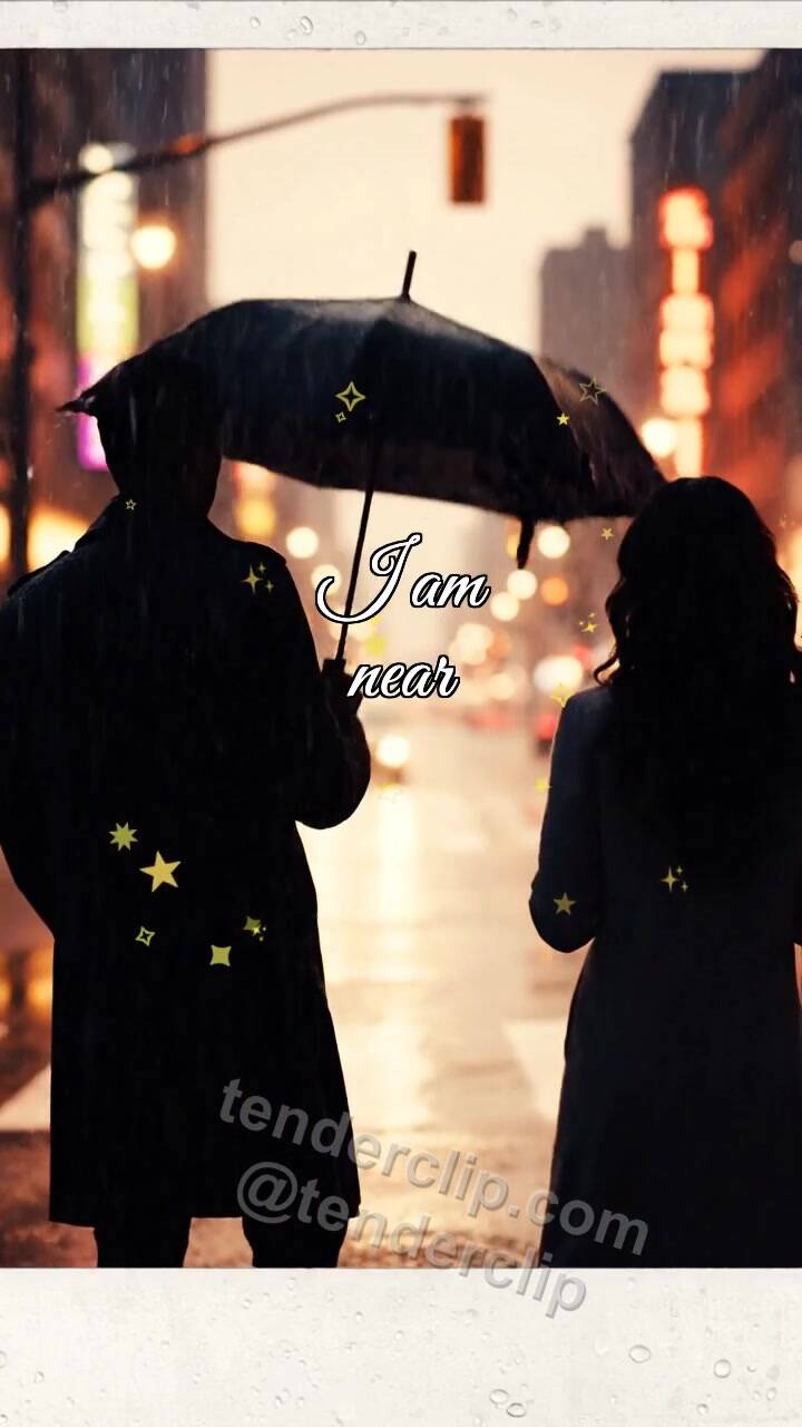 Animated greeting card about I am near: man shields a woman from rain