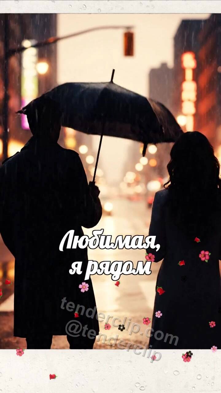 Анимационная открытка на тему Любимая, я рядом: мужчина закрывает женщину от дождя