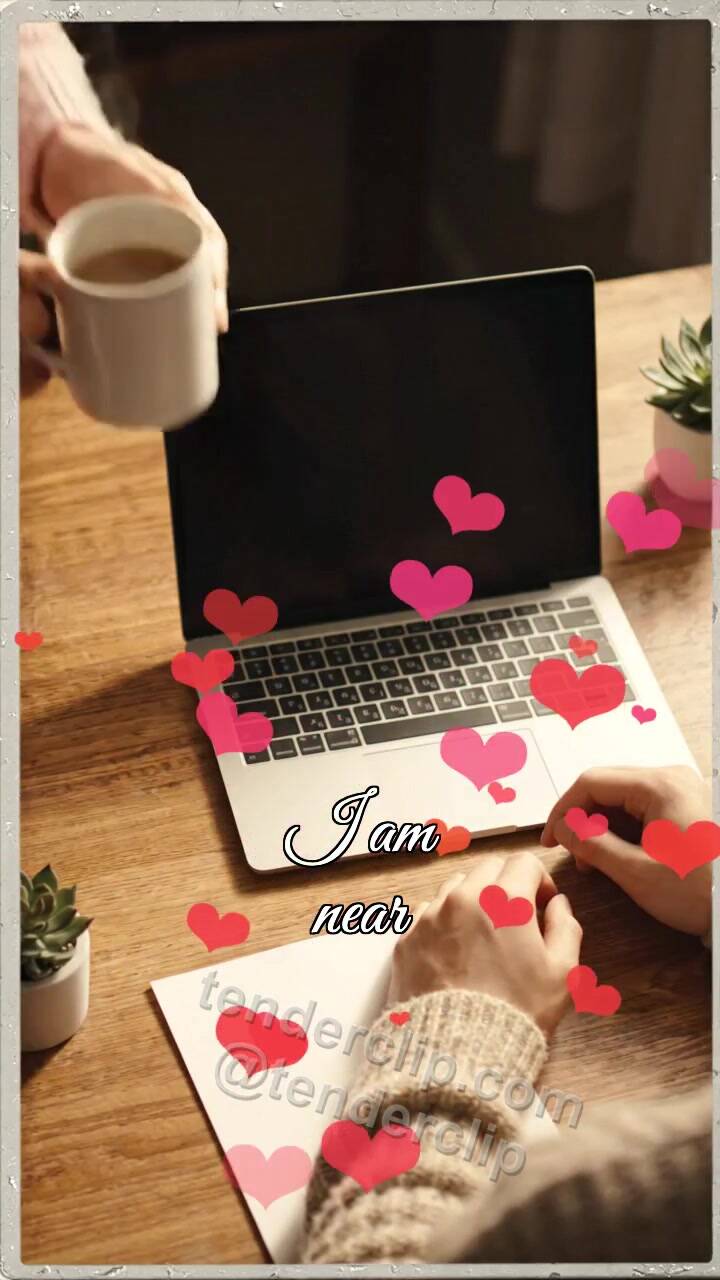 Animated greeting card about I am near: woman brings tea to a desk