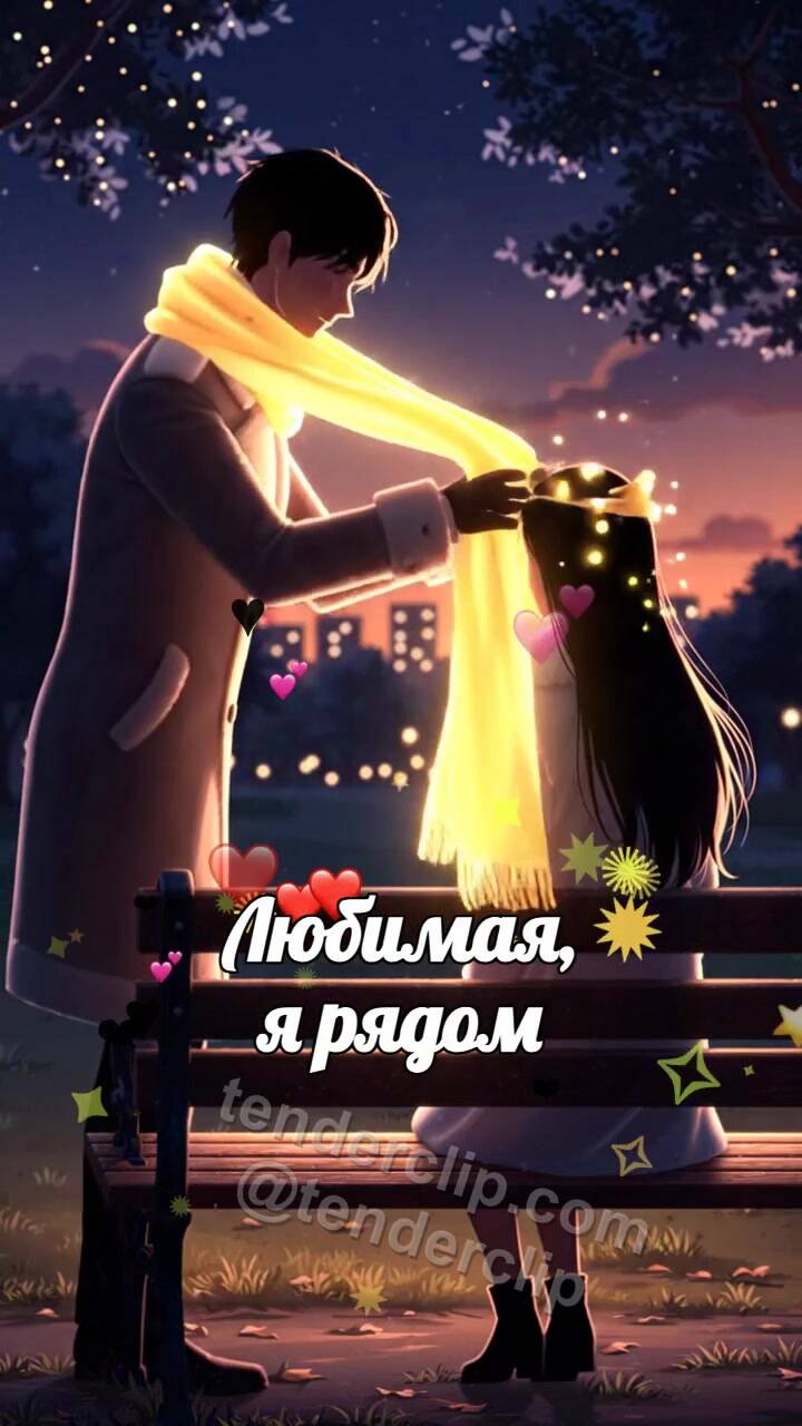 Анимационная открытка на тему Любимая, я рядом: мужчина укрывает плечи шарфом