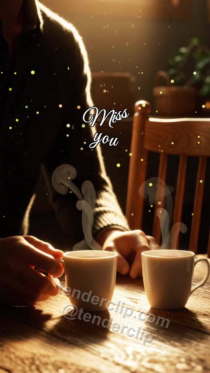Animated greeting card about Miss you: second cup waits on the table