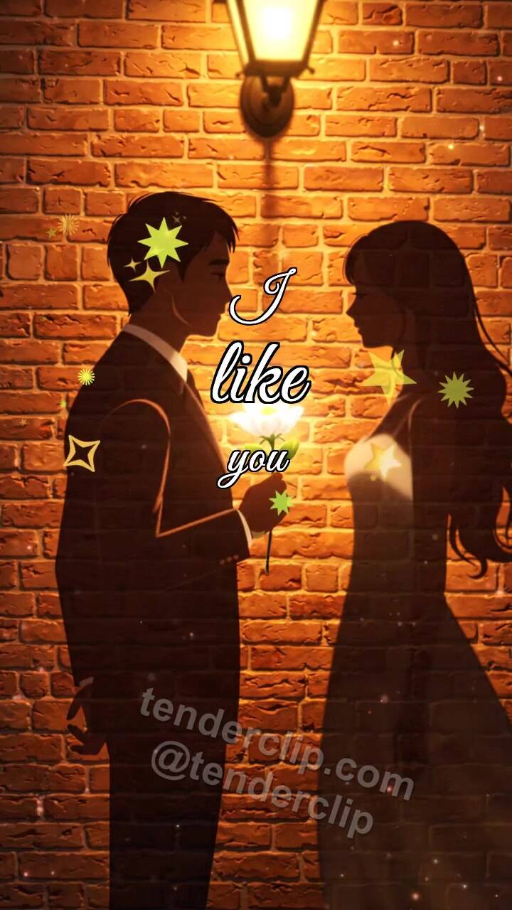 Animated greeting card about I like you: a man shadow gives a flower to a woman