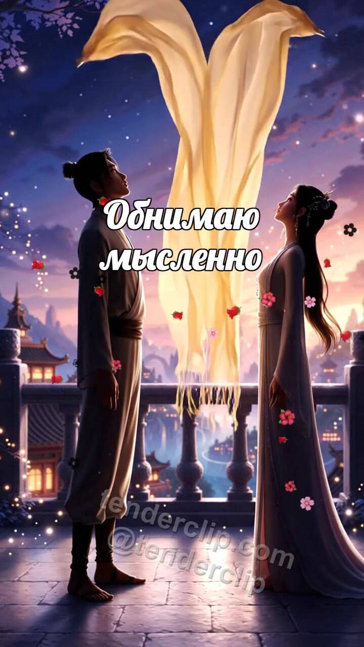 Анимационная открытка на тему Обнимаю мысленно: один шарф обнимает двоих