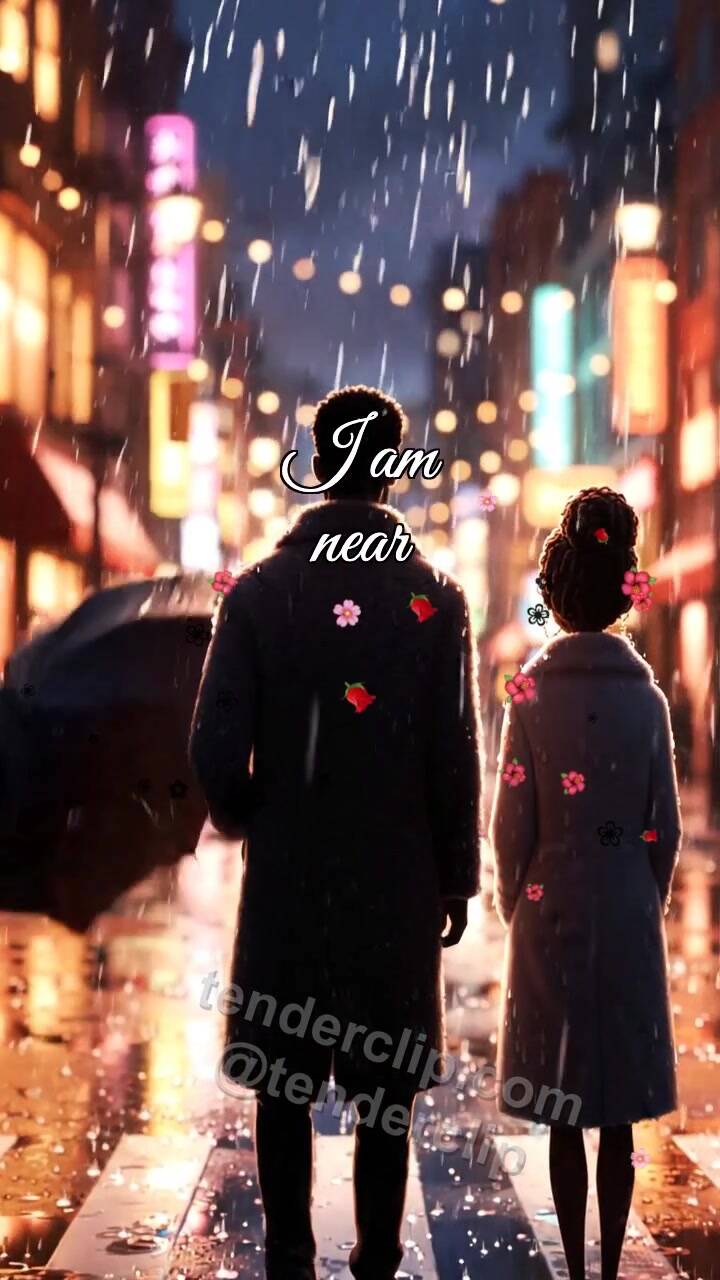 Animated greeting card about I am near: man shields a woman from rain