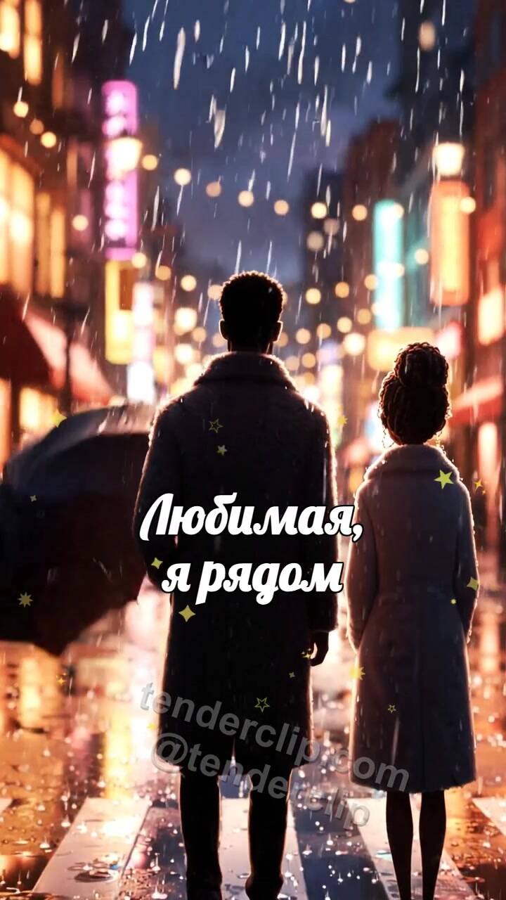 Анимационная открытка на тему Любимая, я рядом: мужчина закрывает женщину от дождя