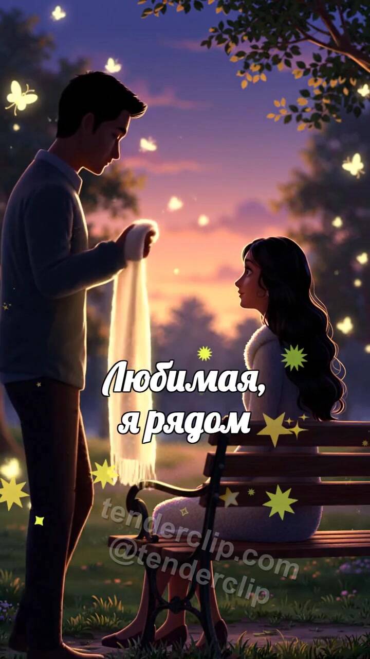 Анимационная открытка на тему Любимая, я рядом: мужчина укрывает плечи шарфом