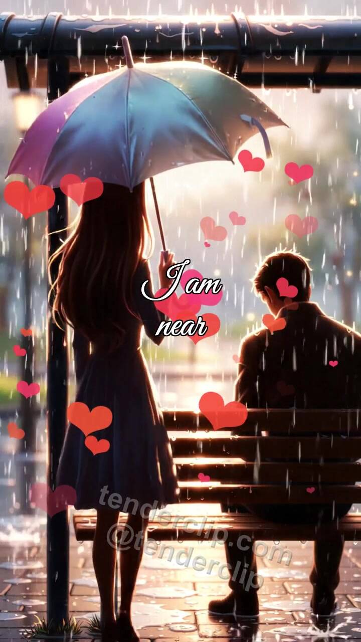 Animated greeting card about I am near: woman shields a man from rain