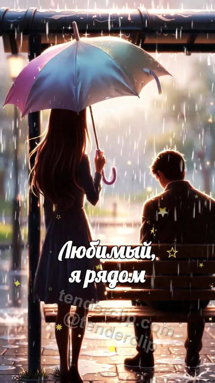 Анимационная открытка на тему Любимый, я рядом: женщина закрывает мужчину от дождя