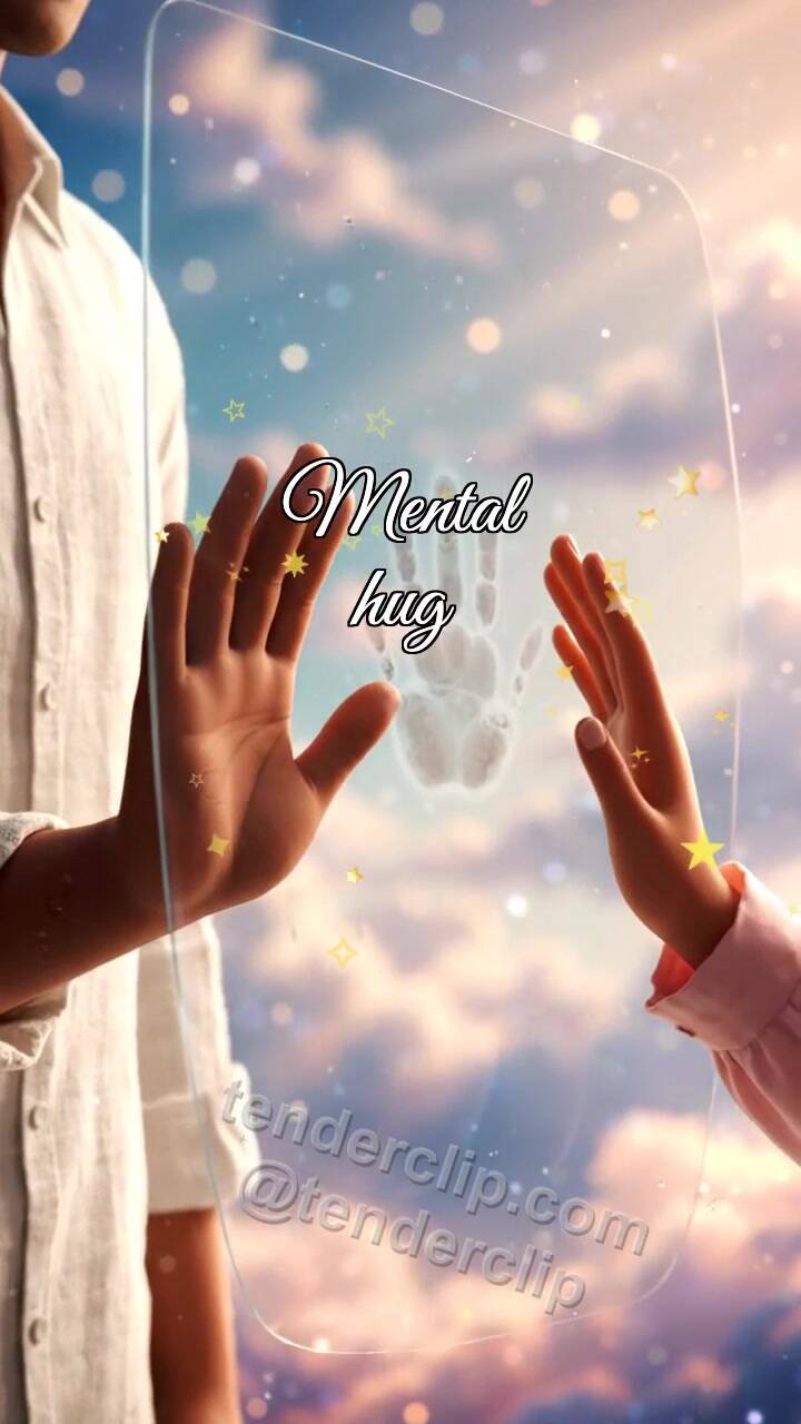 Animated greeting card about Mental hug: palms meet through glass