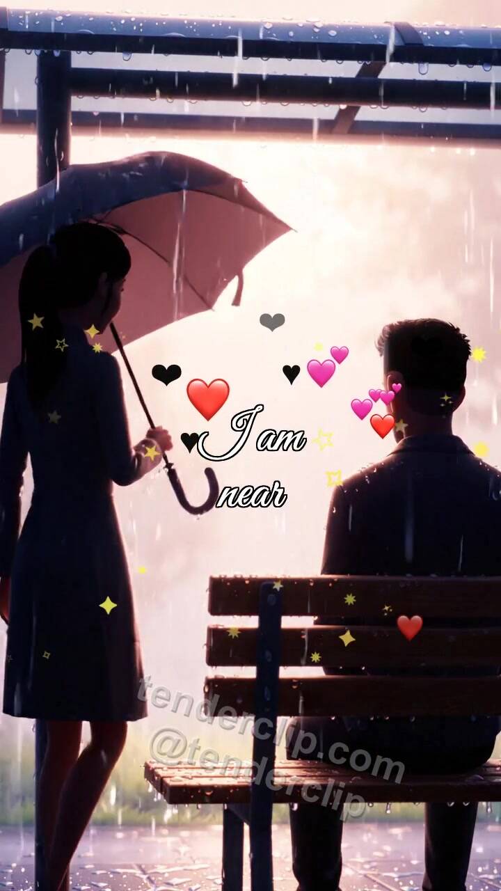 Animated greeting card about I am near: woman shields a man from rain