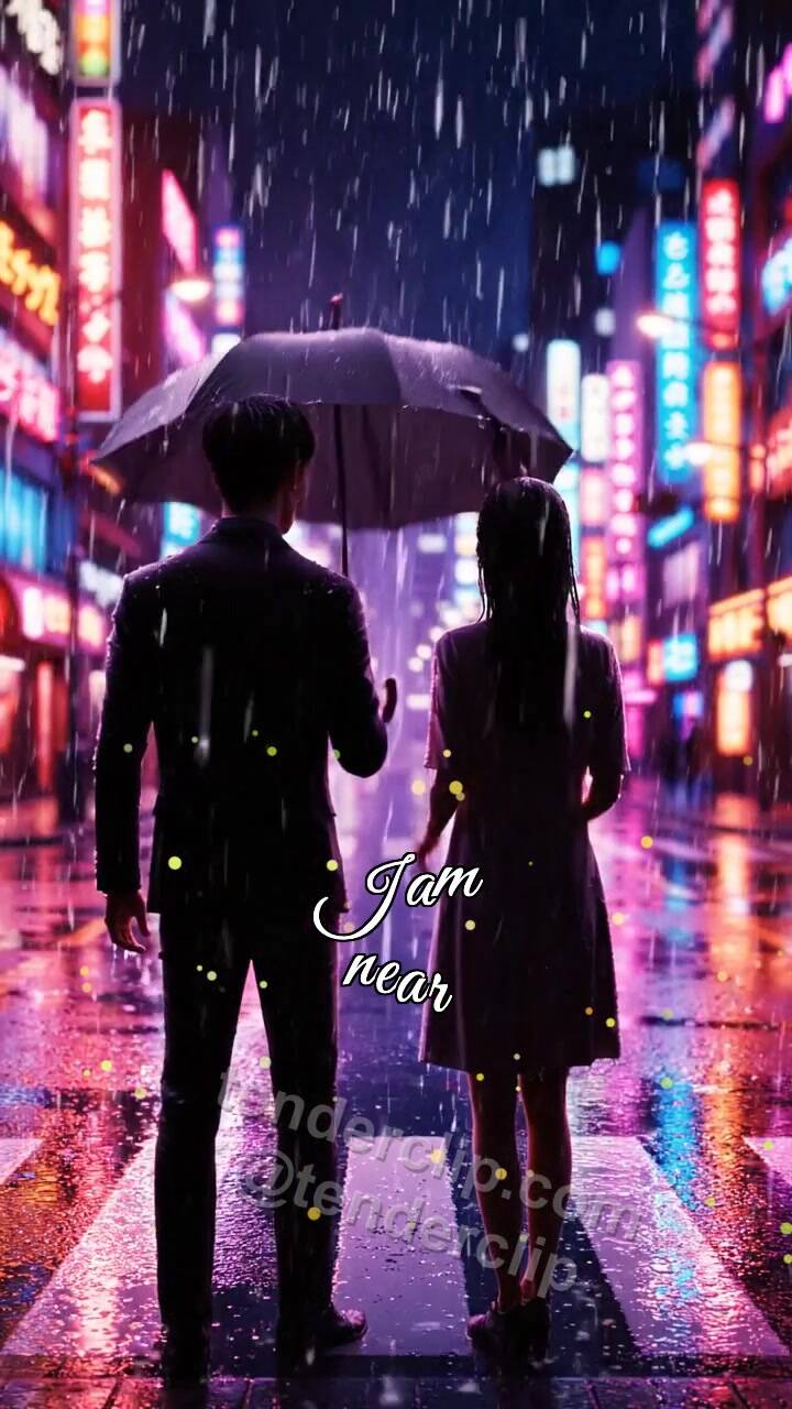 Animated greeting card about I am near: man shields a woman from rain