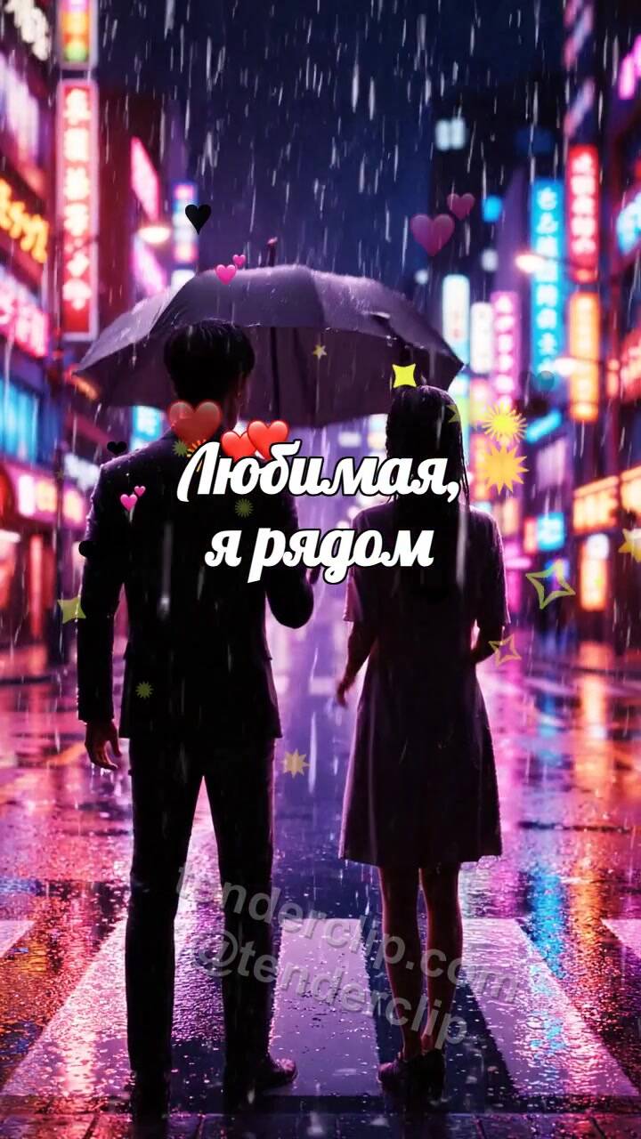 Анимационная открытка на тему Любимая, я рядом: мужчина закрывает женщину от дождя
