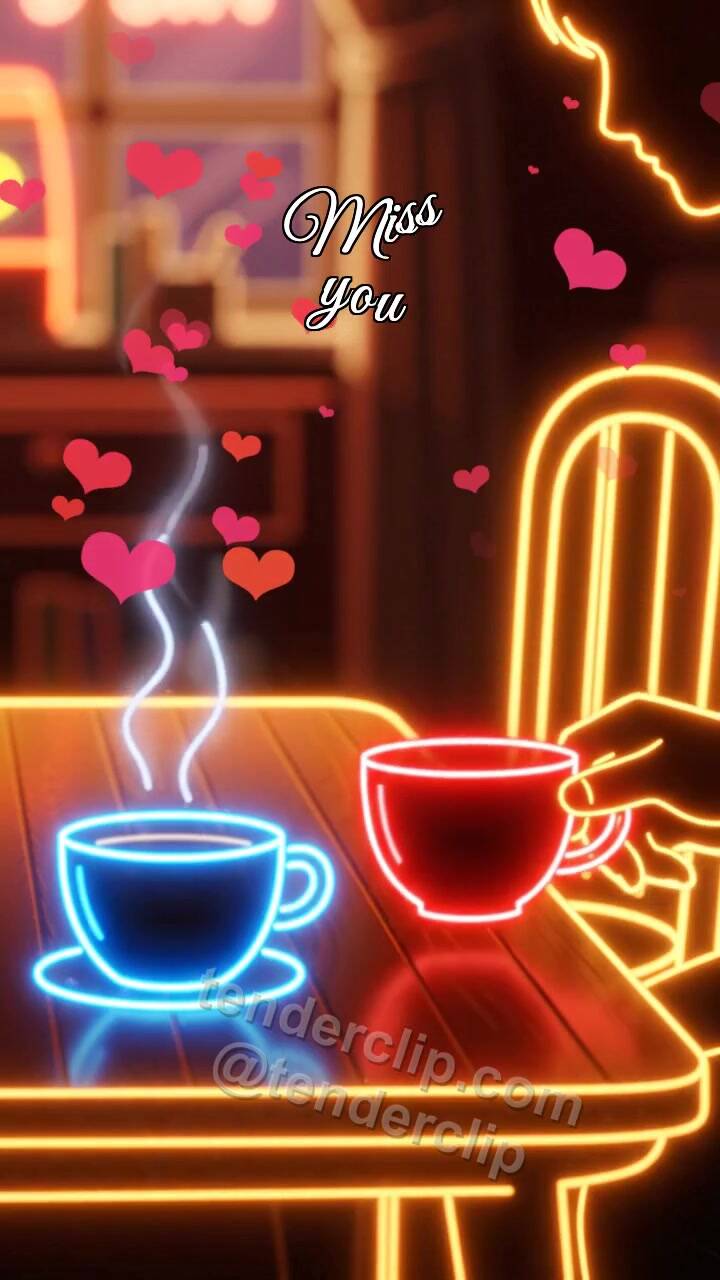 Animated greeting card about Miss you: second cup waits on the table