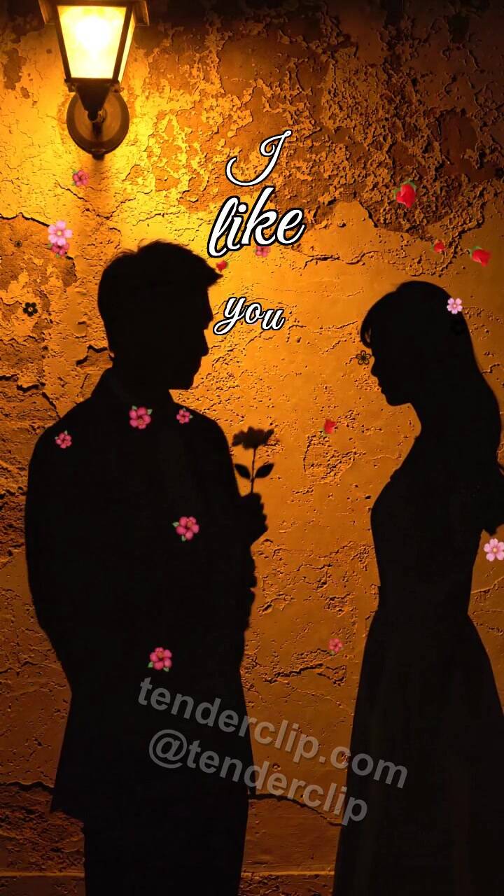 Animated greeting card about I like you: a man shadow gives a flower to a woman