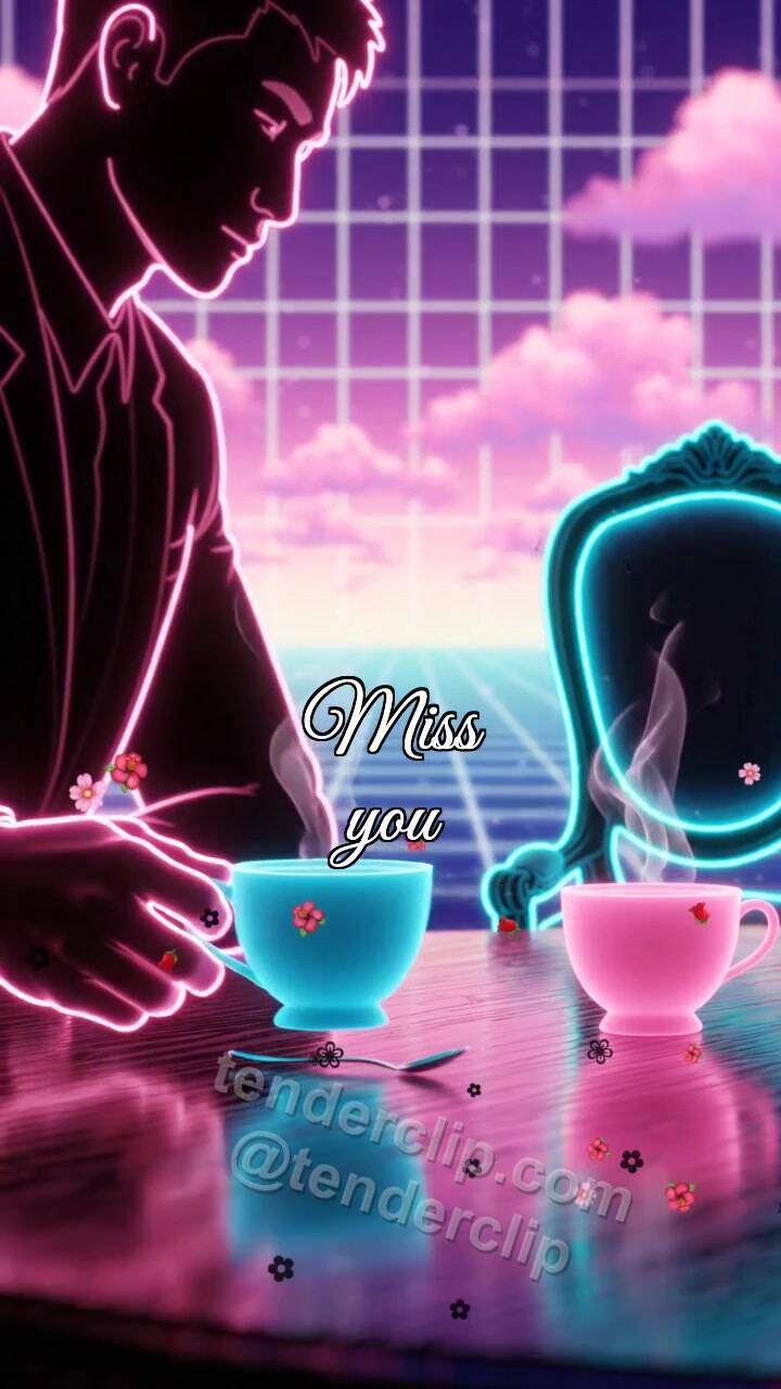 Animated greeting card about Miss you: second cup waits on the table