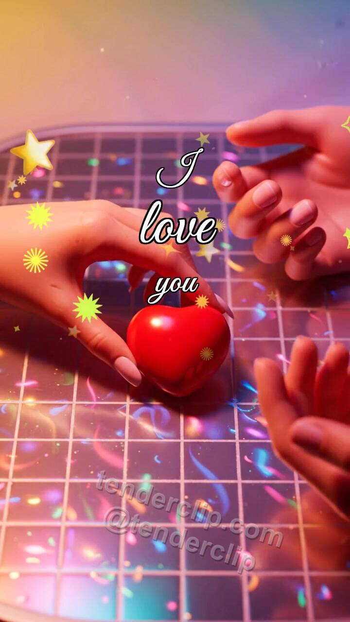 Animated greeting card about I love you: two hands hold a heart