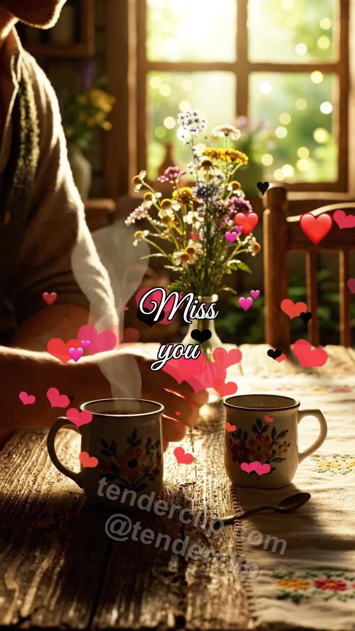 Animated greeting card about Miss you: second cup waits on the table