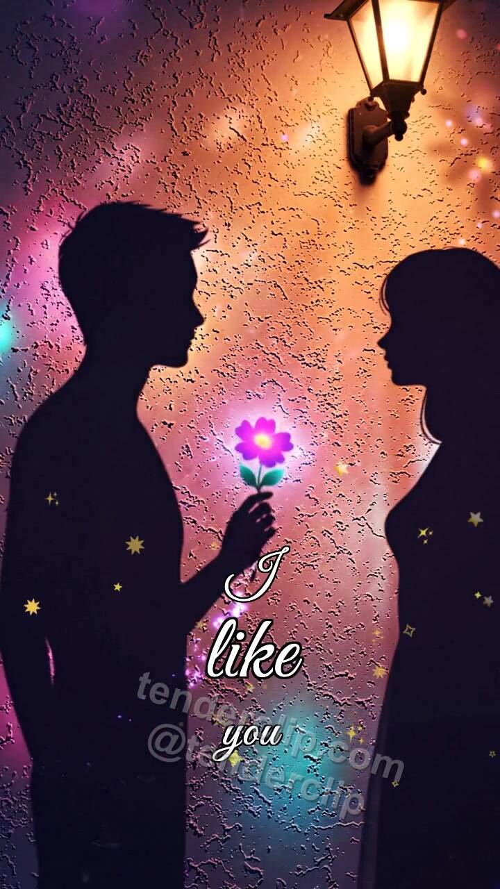 Animated greeting card about I like you: a man shadow gives a flower to a woman
