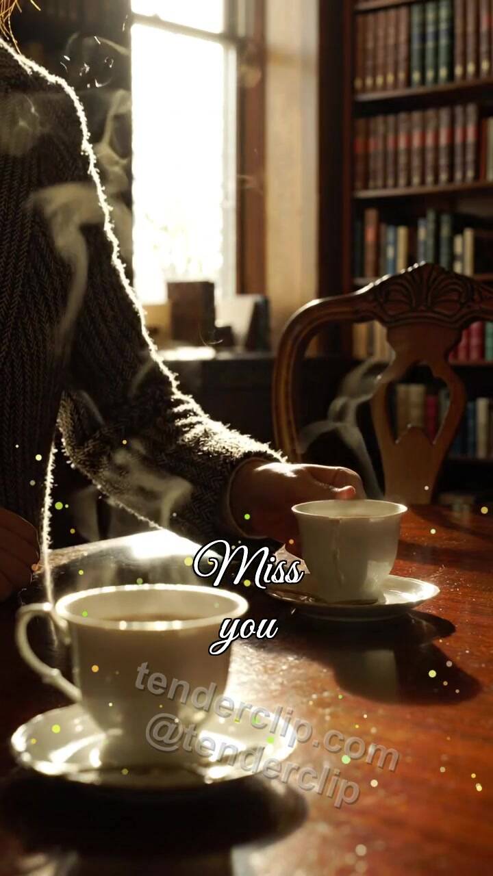 Animated greeting card about Miss you: second cup waits on the table