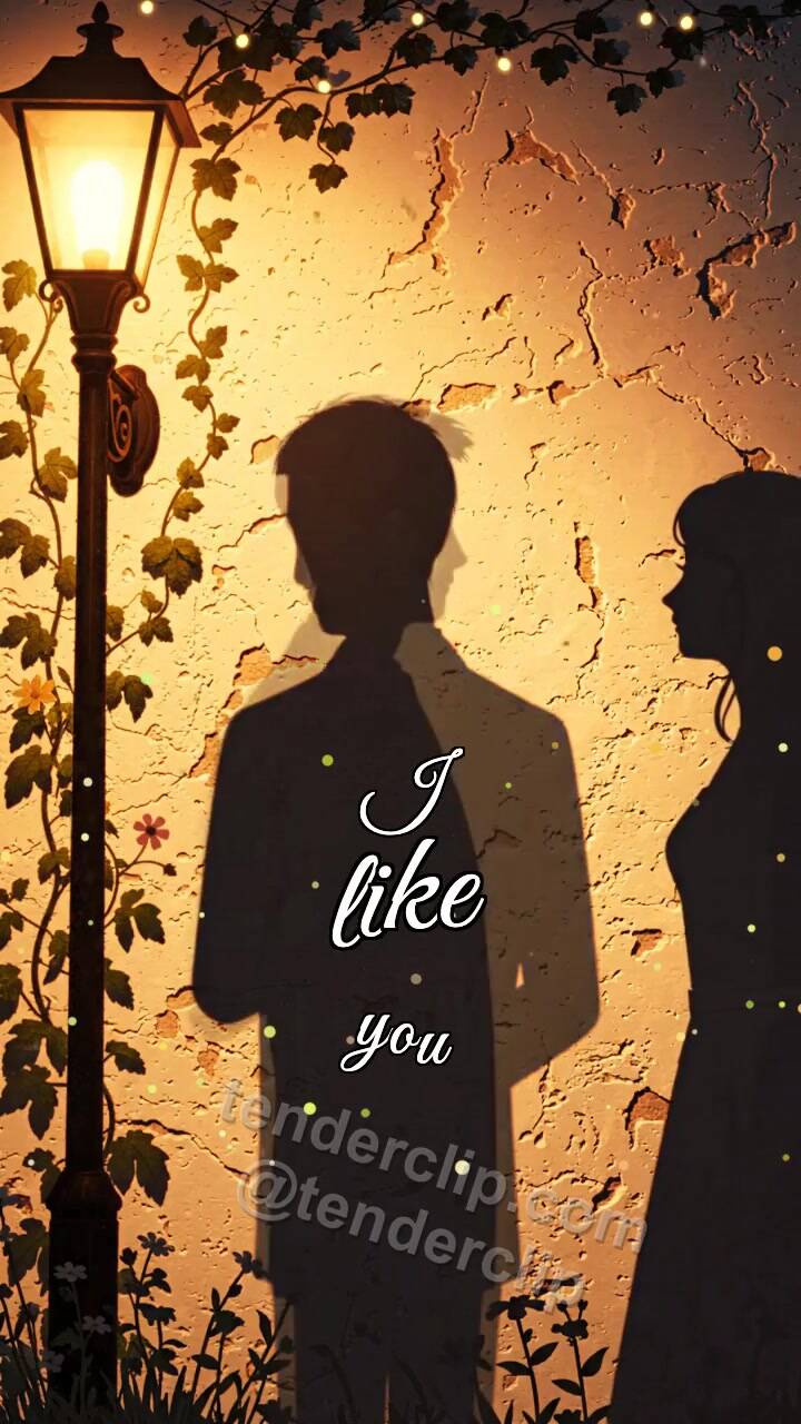 Animated greeting card about I like you: a man shadow gives a flower to a woman