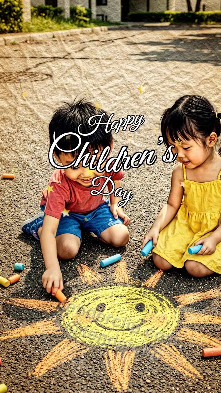 Animated greeting card about Happy Children’s Day: children draw a sun with chalk