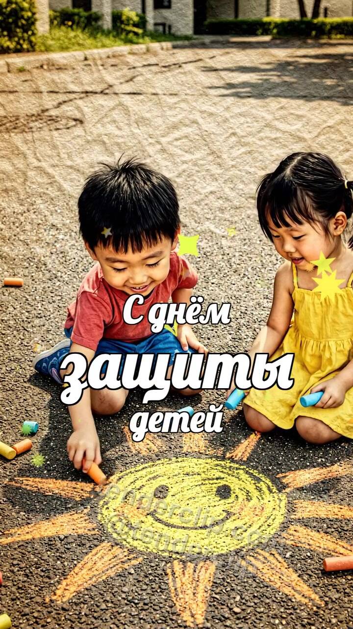 Анимационная открытка на тему С днём защиты детей: дети рисуют солнце мелом