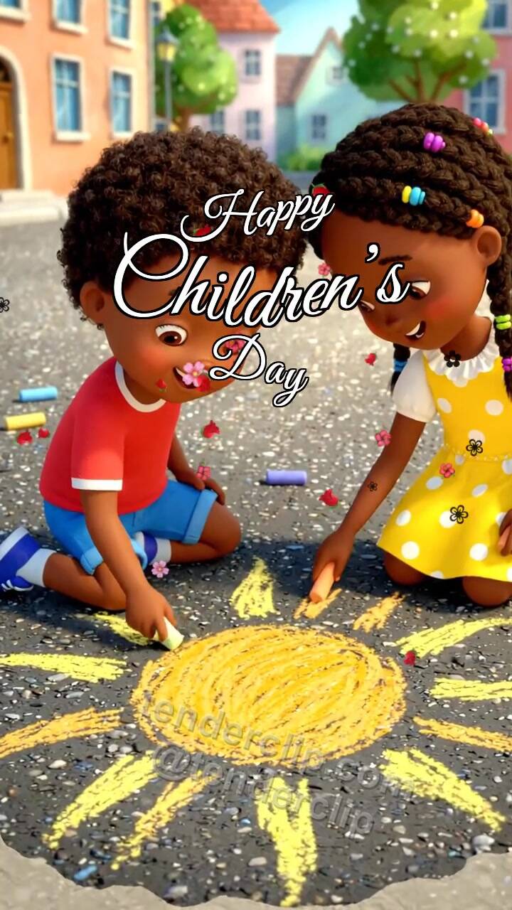 Animated greeting card about Happy Children’s Day: children draw a sun with chalk