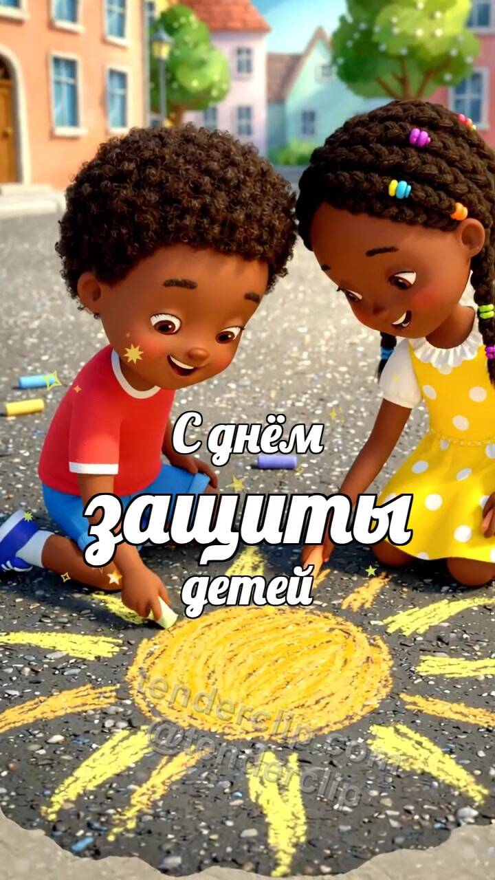 Анимационная открытка на тему С днём защиты детей: дети рисуют солнце мелом