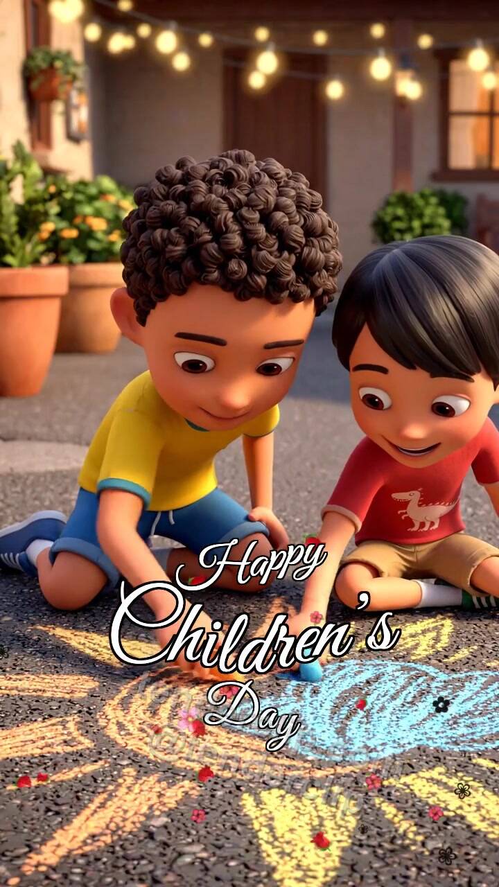 Animated greeting card about Happy Children’s Day: children draw a sun with chalk