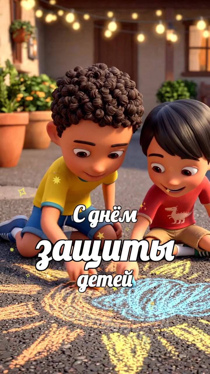 Анимационная открытка на тему С днём защиты детей: дети рисуют солнце мелом