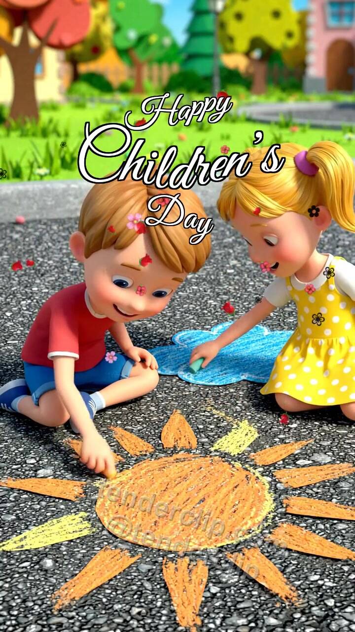 Animated greeting card about Happy Children’s Day: children draw a sun with chalk