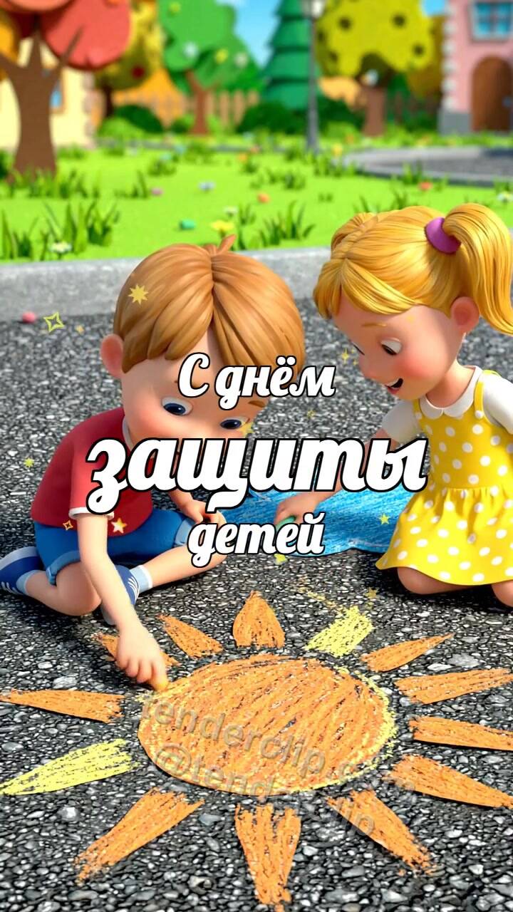 Анимационная открытка на тему С днём защиты детей: дети рисуют солнце мелом