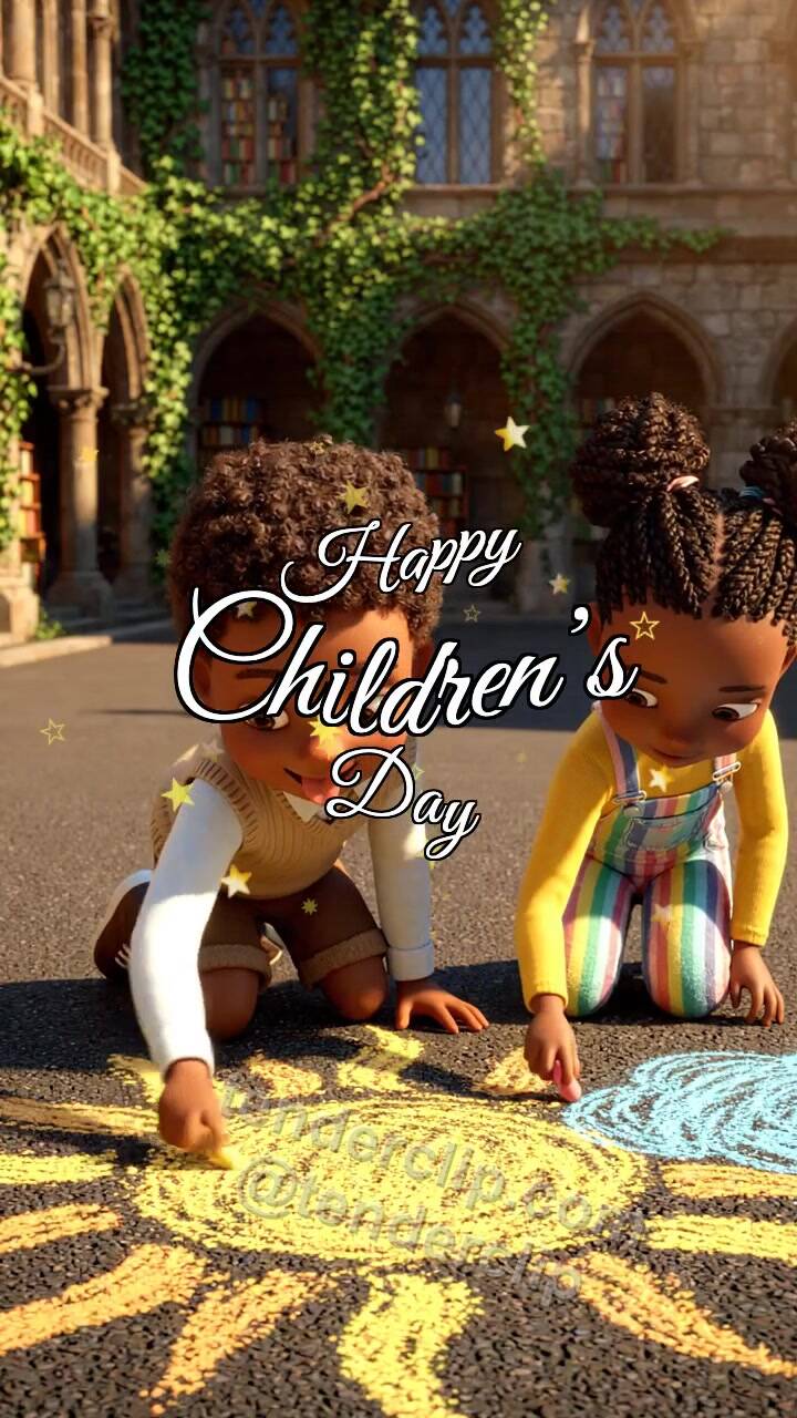 Animated greeting card about Happy Children’s Day: children draw a sun with chalk