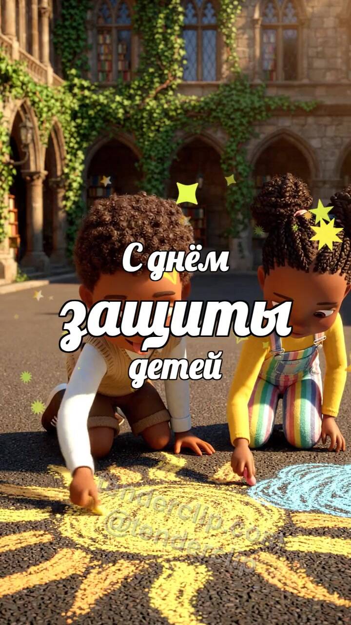 Анимационная открытка на тему С днём защиты детей: дети рисуют солнце мелом