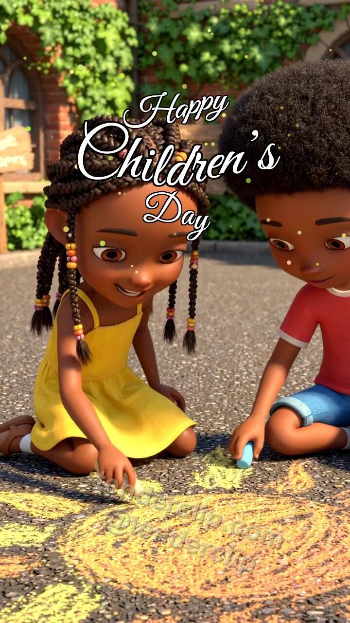 Animated greeting card about Happy Children’s Day: children draw a sun with chalk