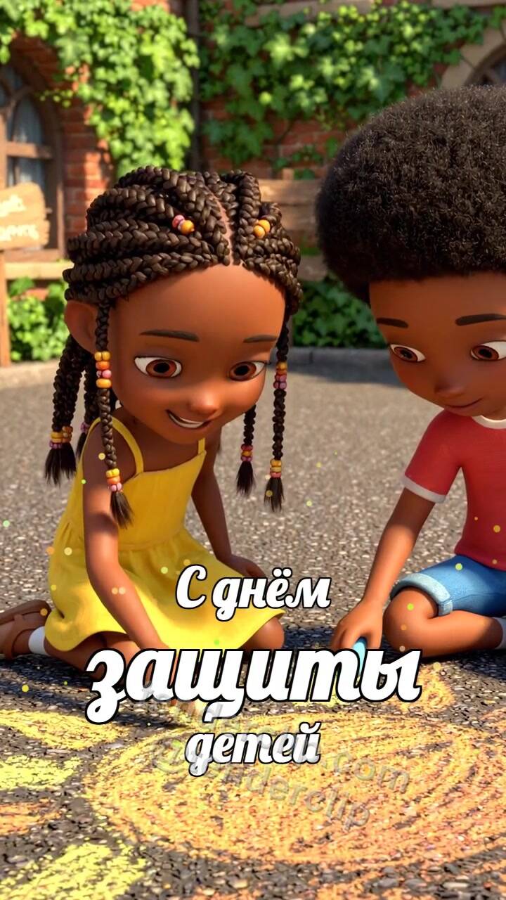 Анимационная открытка на тему С днём защиты детей: дети рисуют солнце мелом