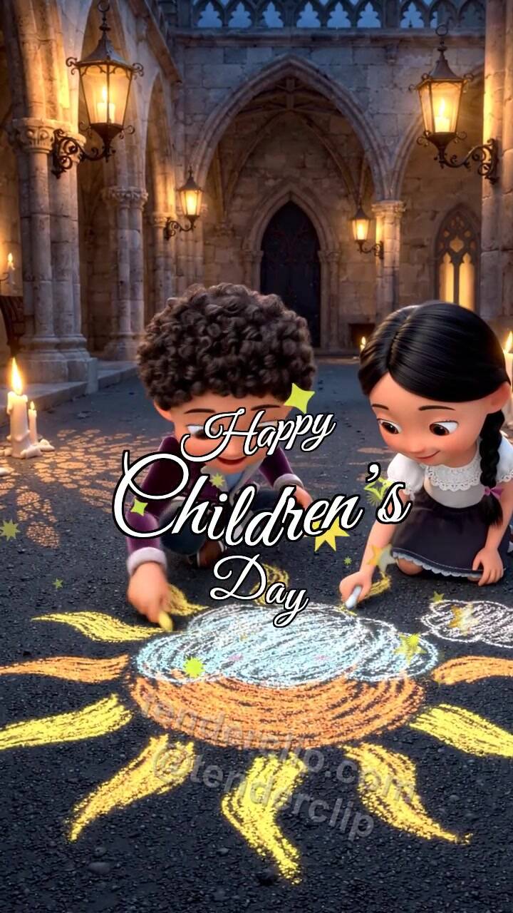 Animated greeting card about Happy Children’s Day: children draw a sun with chalk