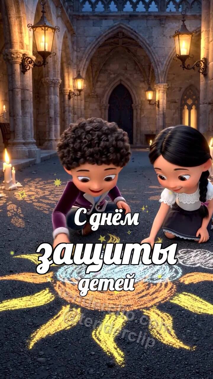 Анимационная открытка на тему С днём защиты детей: дети рисуют солнце мелом