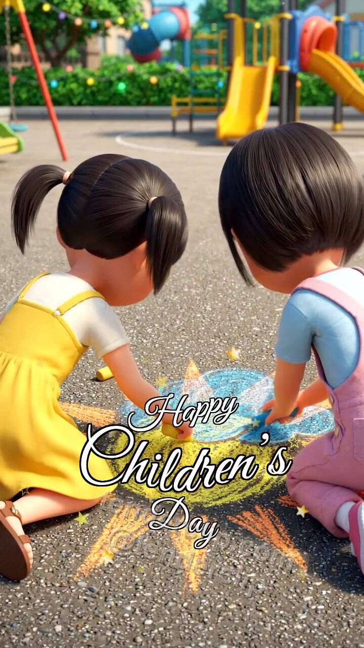 Animated greeting card about Happy Children’s Day: children draw a sun with chalk