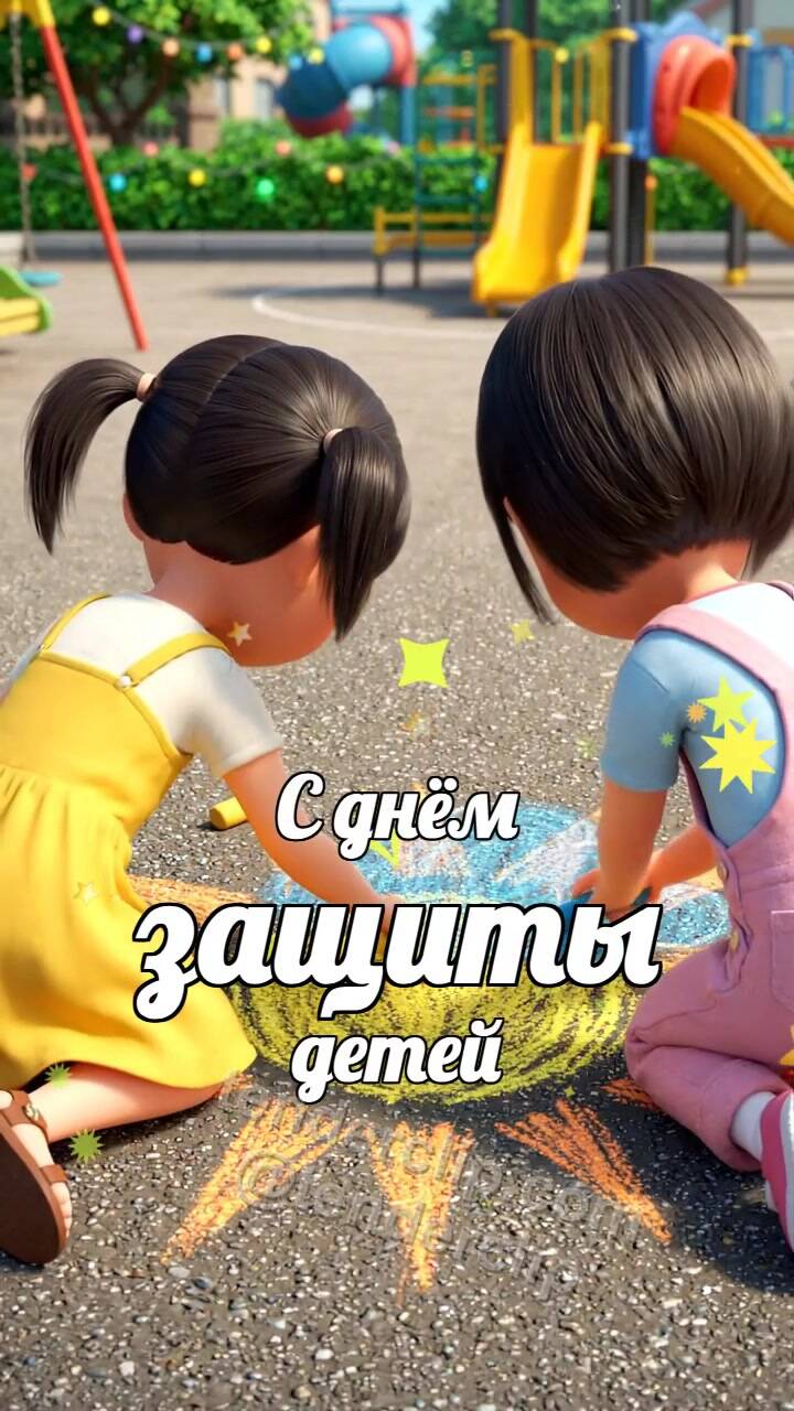 Анимационная открытка на тему С днём защиты детей: дети рисуют солнце мелом