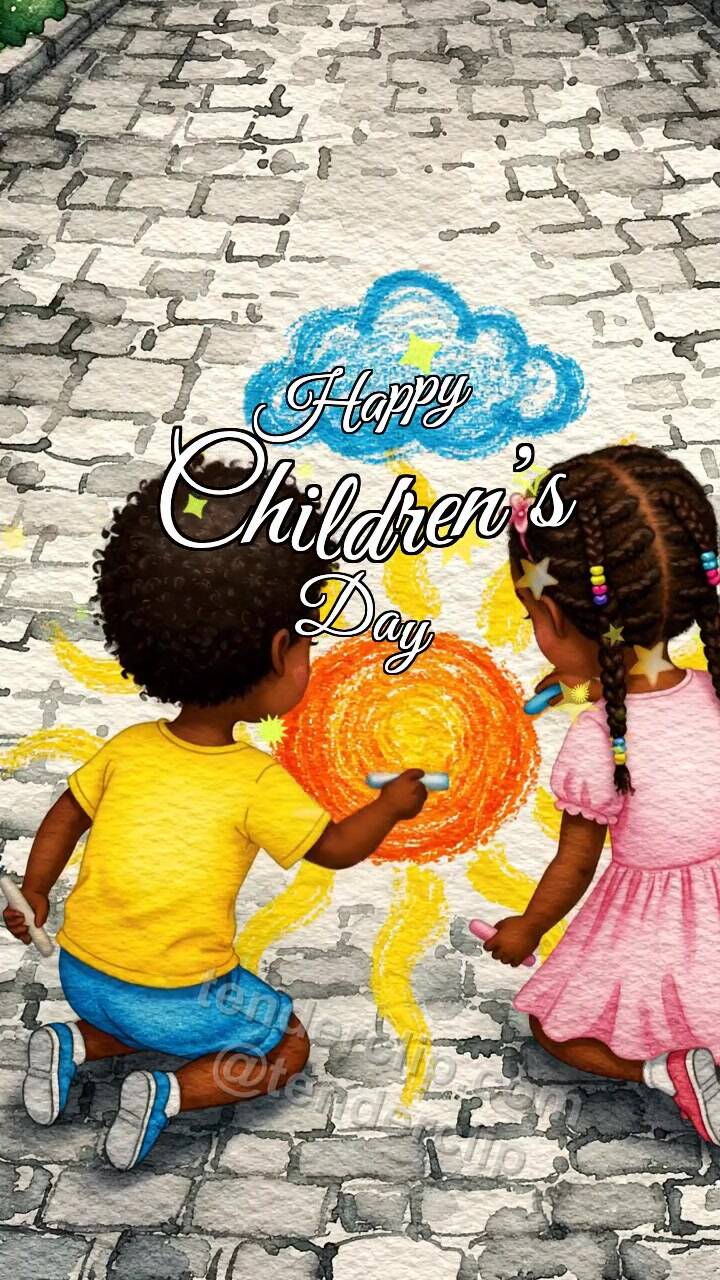Animated greeting card about Happy Children’s Day: children draw a sun with chalk