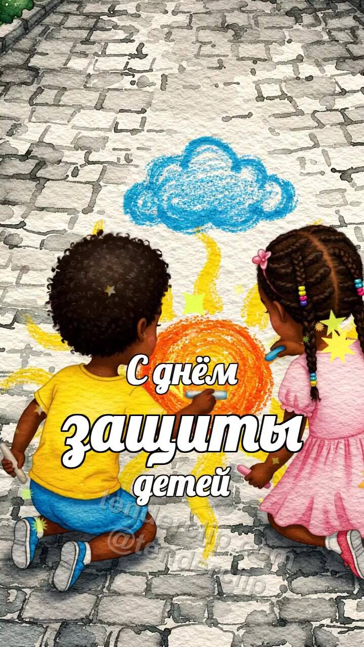 Анимационная открытка на тему С днём защиты детей: дети рисуют солнце мелом