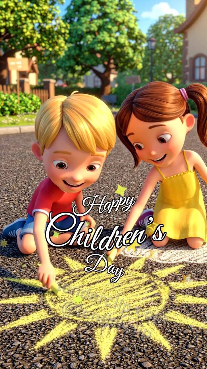 Animated greeting card about Happy Children’s Day: children draw a sun with chalk