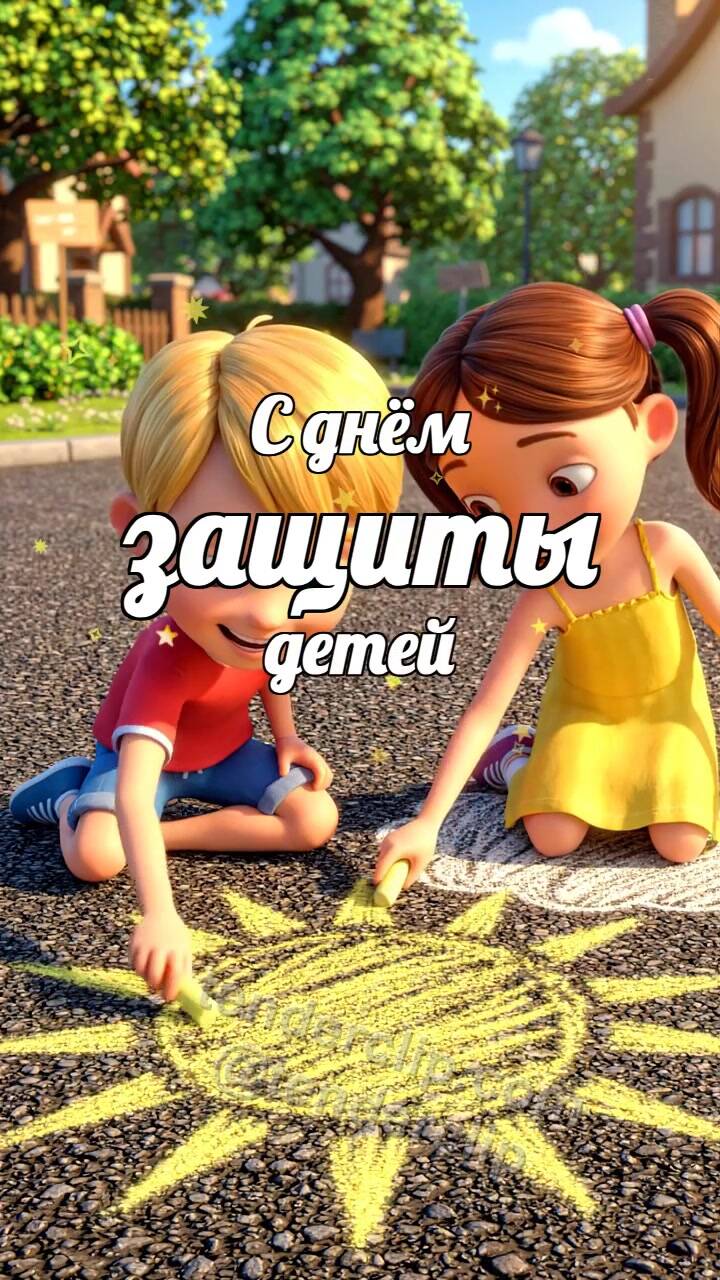 Анимационная открытка на тему С днём защиты детей: дети рисуют солнце мелом
